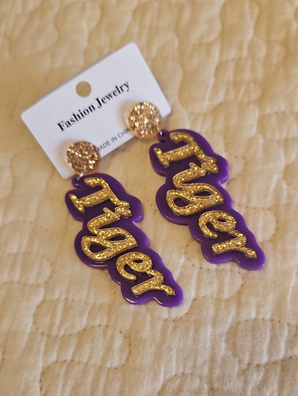 Acrylic Purple and Gold "TIGER" Statement Drop Earrings